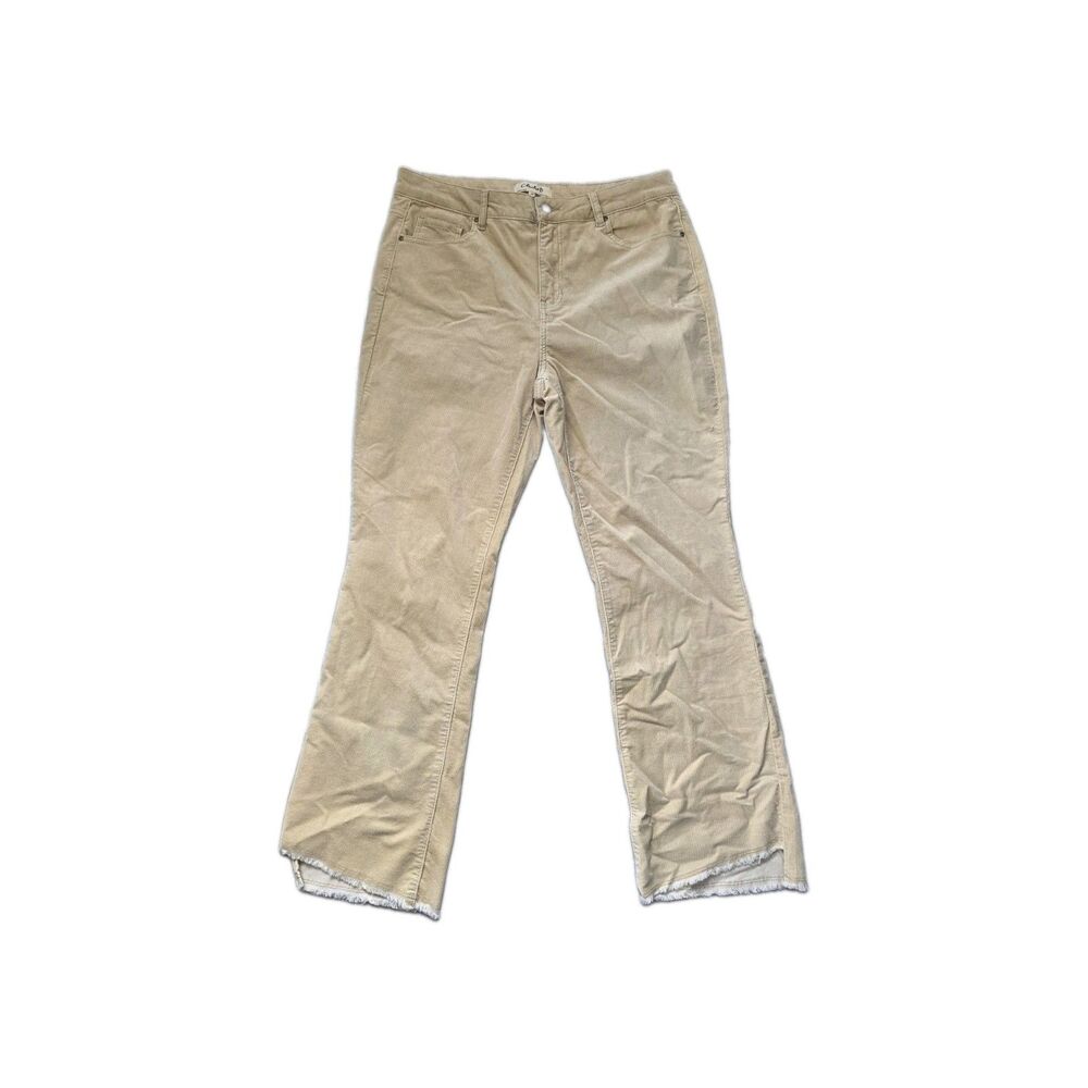 NWOT Charlie B Corduroy Pants Womens 14 Beige Tan Cropped Flare Raw Hem Stretch
